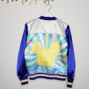 Disney Bomber Jacket Mickey Mouse Blue Satin Sunburst Cheer Varsity Size S #3250